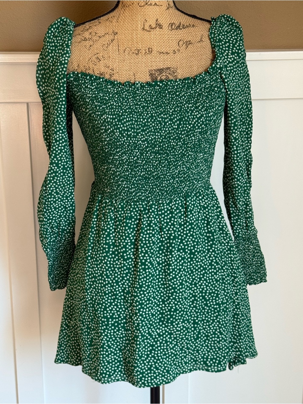 Cottagecore Emerald Boho Smocked Long-Sleeve Mini Dress w Small Daisies Print